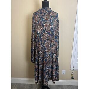 Leota Women's Blue Brown Paisley Floral Mock Neck Midi Dress Sz 3X